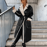 Women's Fleece Lined Leather Coat with Belt - Stylish Long Jacket for Warmth and Comfort in Cold Weather