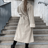 Women's Fleece Lined Leather Coat with Belt - Stylish Long Jacket for Warmth and Comfort in Cold Weather